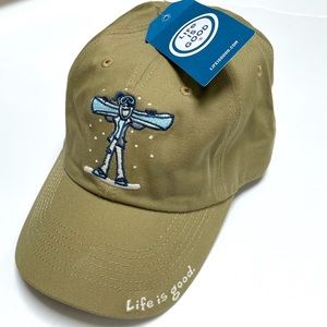 Life is good. Khaki Baseball Cap With Embroidered Snowboard Design And Logo